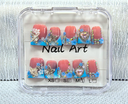 Duck handmade press on nails Medium Fake Nails Blue French False Nails with 3D Flower Designs luxury Stars Heart Charm Acrylic Nails for Women 10pcs (Size M）
