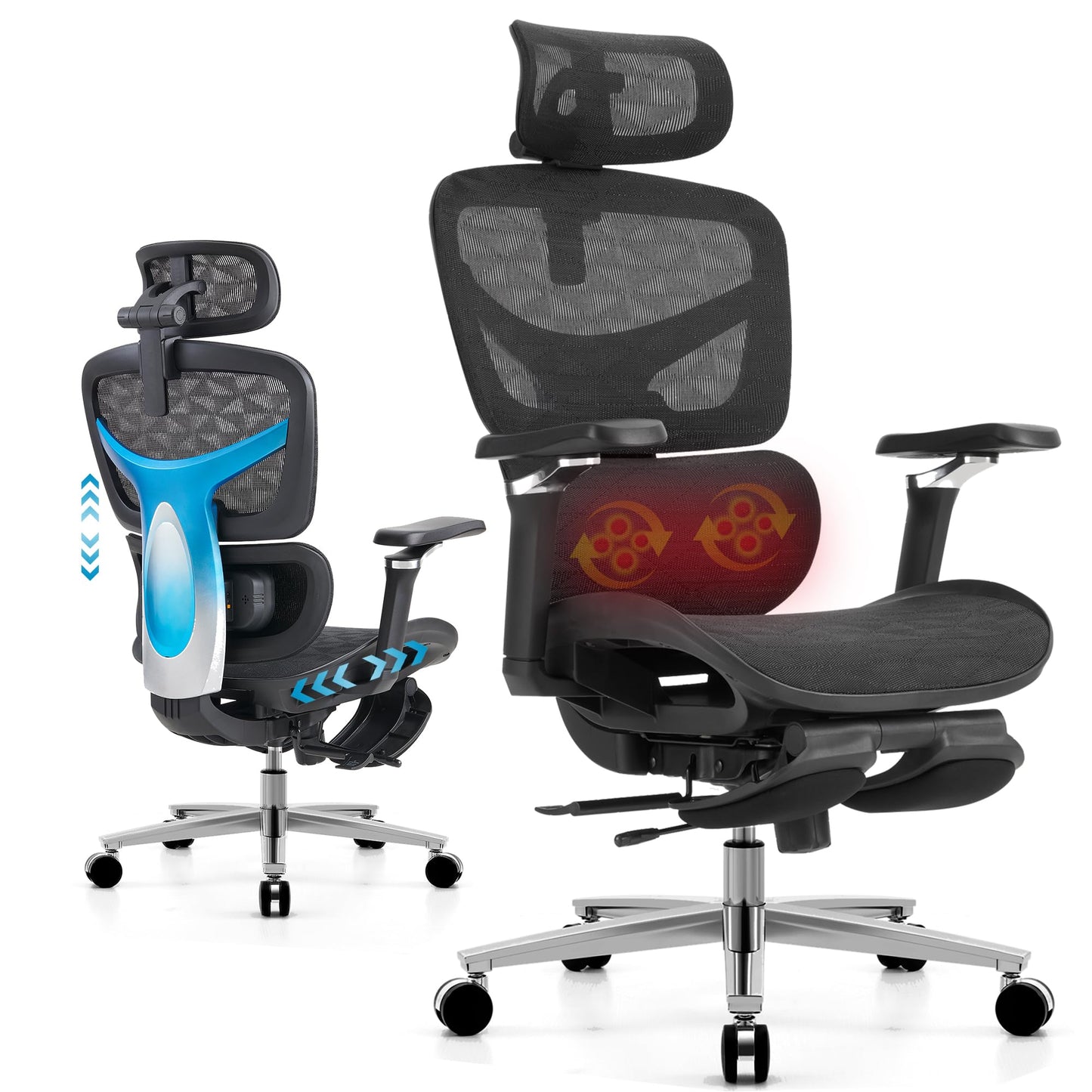 Ergonomic Office Chair with Footrest & Massage Lumbar Support – 4D Headrest & 6D Armrests, Reclining Big and Tall 400LBS Mesh Chair, Adjustable Seat Depth & Back Height, for Home Office/Gaming (Black)