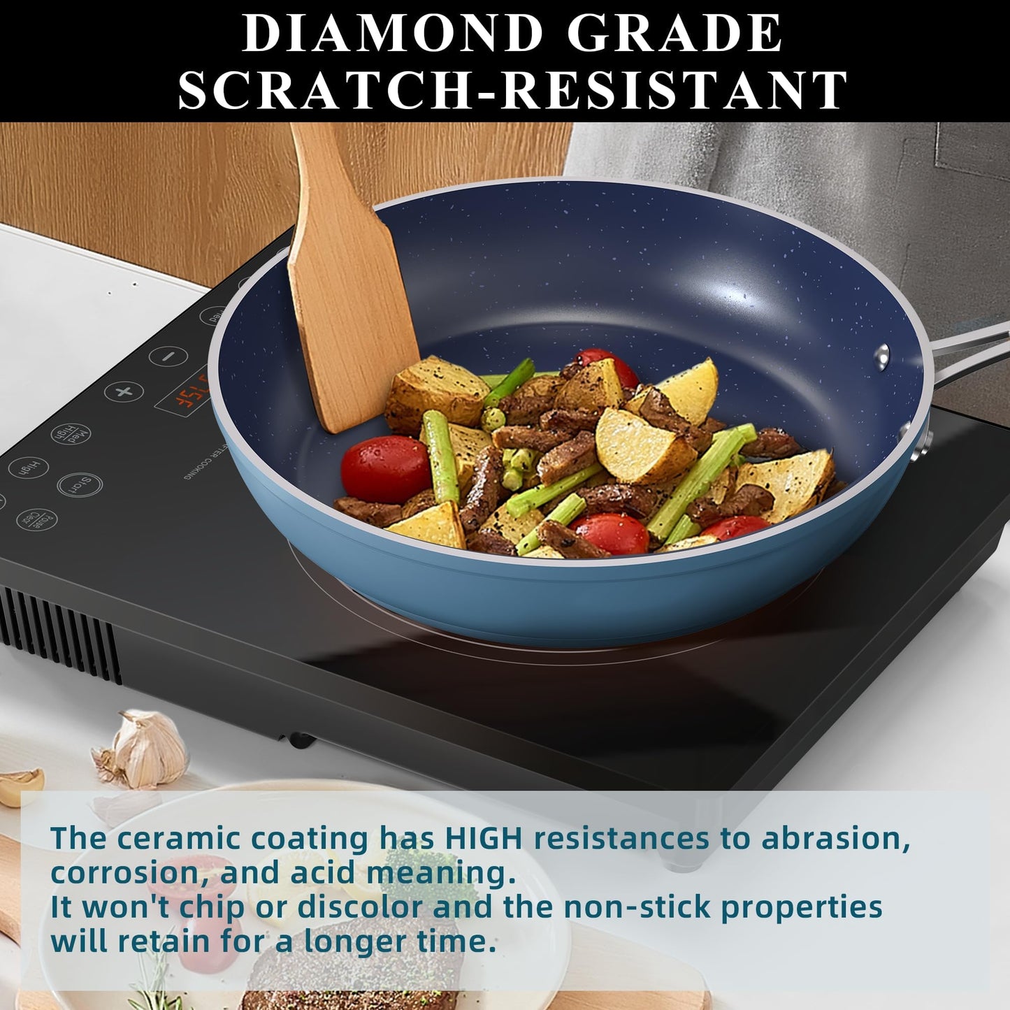 Nuwave 9pc Cookware Set Healthy Duralon Blue Ceramic Nonstick Coated, Diamond Infused Scratch-Resistant, PFAS Free, Oven Safe, Induction Ready & Evenly Heats, Tempered Glass Lids & Stay-Cool Handle
