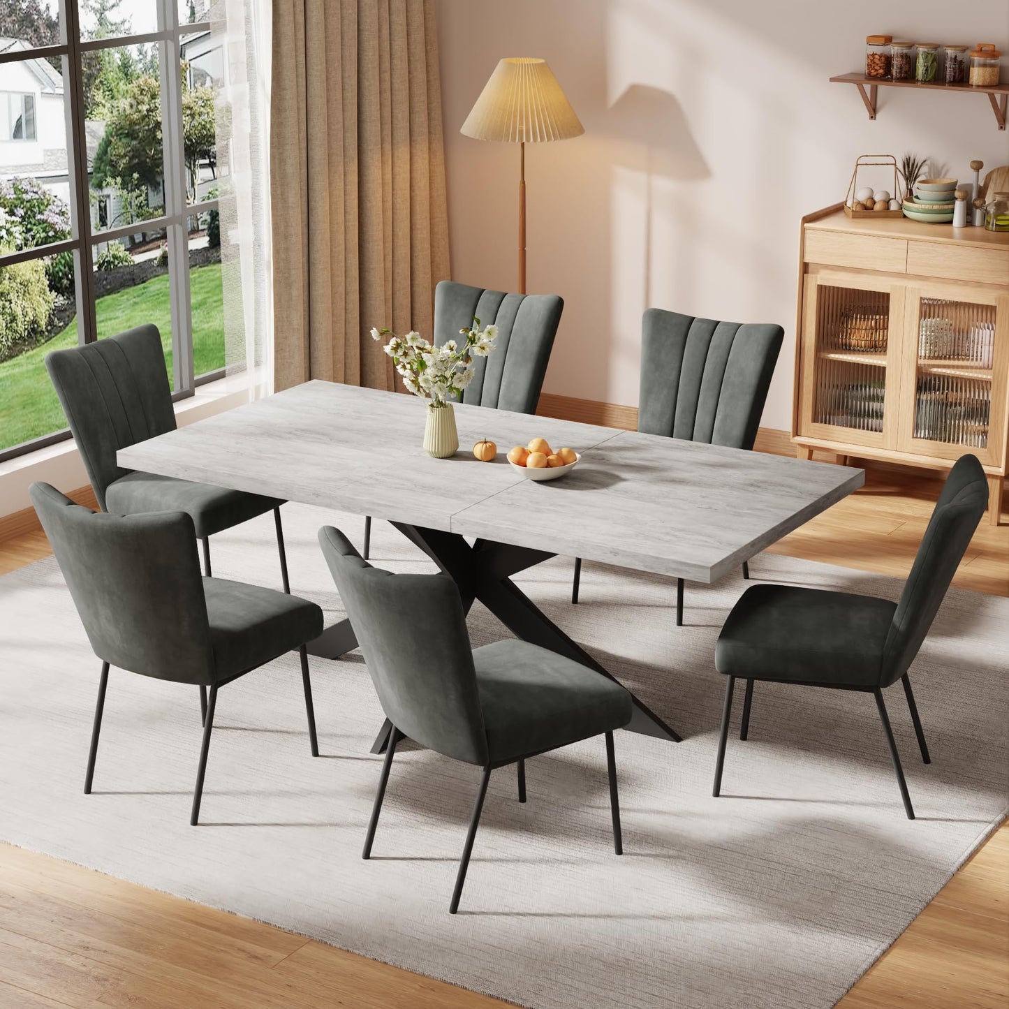 ZckyCine 6-Piece Extendable Dining Table Set, Modern 63''–79'' Grey Wood Table with 6 Grey Fabric Chairs, Dining Room Table and Chairs for 6, Ideal for Kitchen or Dining Room