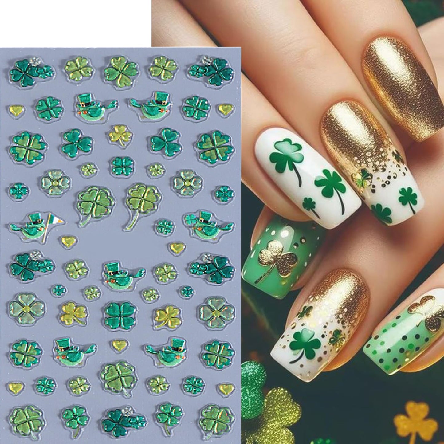2 Sheets Irish Four-Leaf Clover Nail Art Stickers St. Patrick's 5D Self-Adhesive Embossed Green Shamrock Nail Decals Design Lucky of Irish Spring Leaf Nail Supplies for Women Nail Decoration