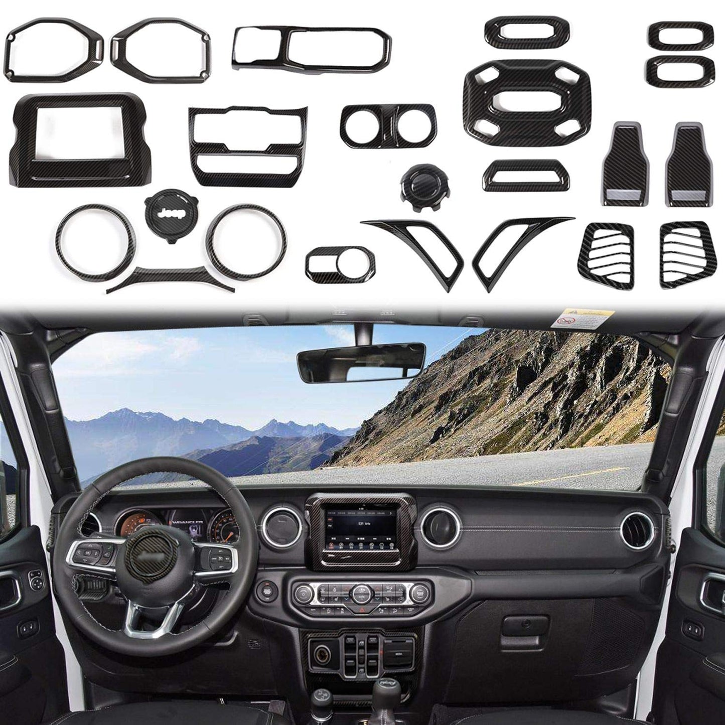 RT-TCZ for Jeep JL Carbon Fiber Interior Trim Cover for Jeep Wrangler JL JLU 2018-2023 Carbon Fiber Interior Exterior Accessories 24pcs(for 7 in Display)