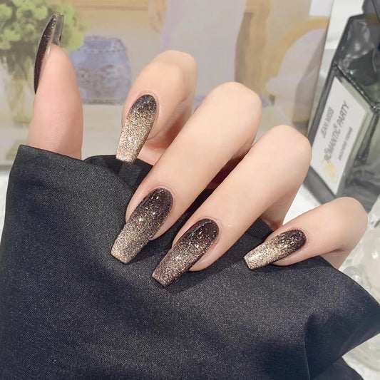 BABALAL Coffin Press on Nails Long Fake Nails Black Glue on Nails Cat Eye Acrylic Nails 24Pcs Ballerina Shiny Manicure Artificial False Nails for Women and Girls
