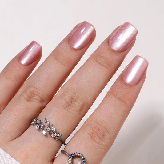 Hrnsnails Short Square Press On Nails, Glue On Nails Short Pink Fake Nails with Cat Eye Press On Nails Designs, Nails Press Ons Soft Gel False Nails, Artificial Nails Stick On Nails for Women