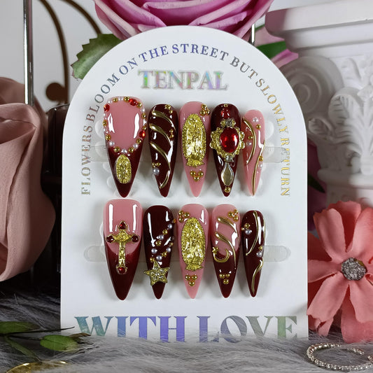 TENPAL Handmade Press on Nails Long Stiletto - Nude Pink Wine Cross Design Fake Nails with 3D Religious Charm | Acrylic Glossy Icy False Nails with Tools | Chapelcore Y2K Nails(S)
