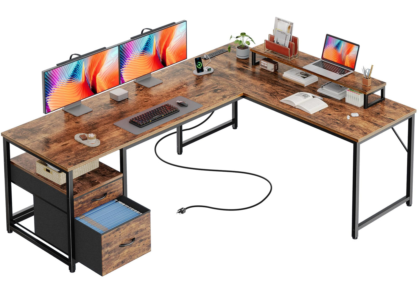 PRAISUN 63 Inch L Shaped Desk with Power Outlets and USB-C Port, Computer Corner Home Office Desk with File Fabric Drawers and Movable Monitor Stand, Larger Storage, Gaming, Writing, Rustic Brown