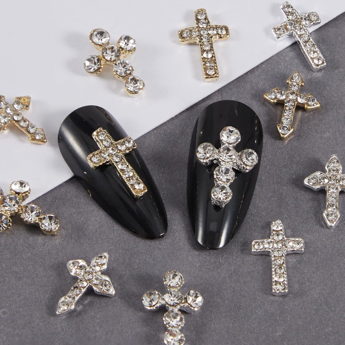 DANNEASY 3D Mini Metllic Punk Nail Art Studs Goth Cross Nail Charms Mixed Sizes Gold Silver Black Cone Spikes Alloy Rivets Jewelry Steel Balls Caviar Beads Jewels for Women Manicure Decorations