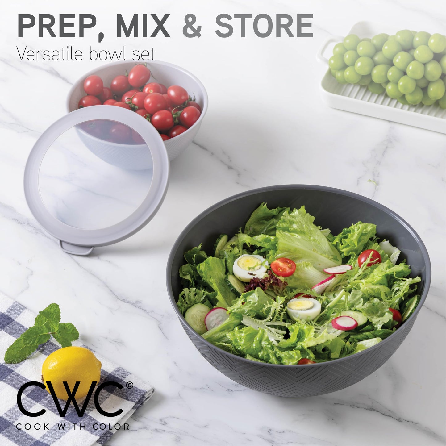 COOK WITH COLOR Mixing Bowls with Lids - 12 Piece Plastic Nesting Bowls Set includes 6 Prep Bowls and 6 Lids, Rhombus Design - Microwave Safe (Grey)