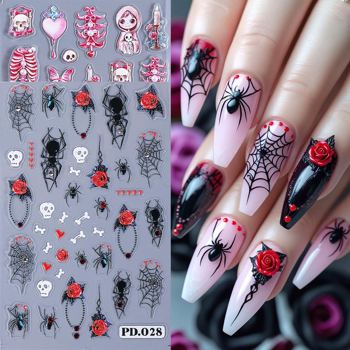 2Sheets Halloween Nail Art Stickers 5D Embossed Pink Skeleton Heart Nail Decals Self-Adhesive Spider Web Spider Stickers with Rhinestone Charms Design Nail Decal Rose Skull Nail Sticker for Women