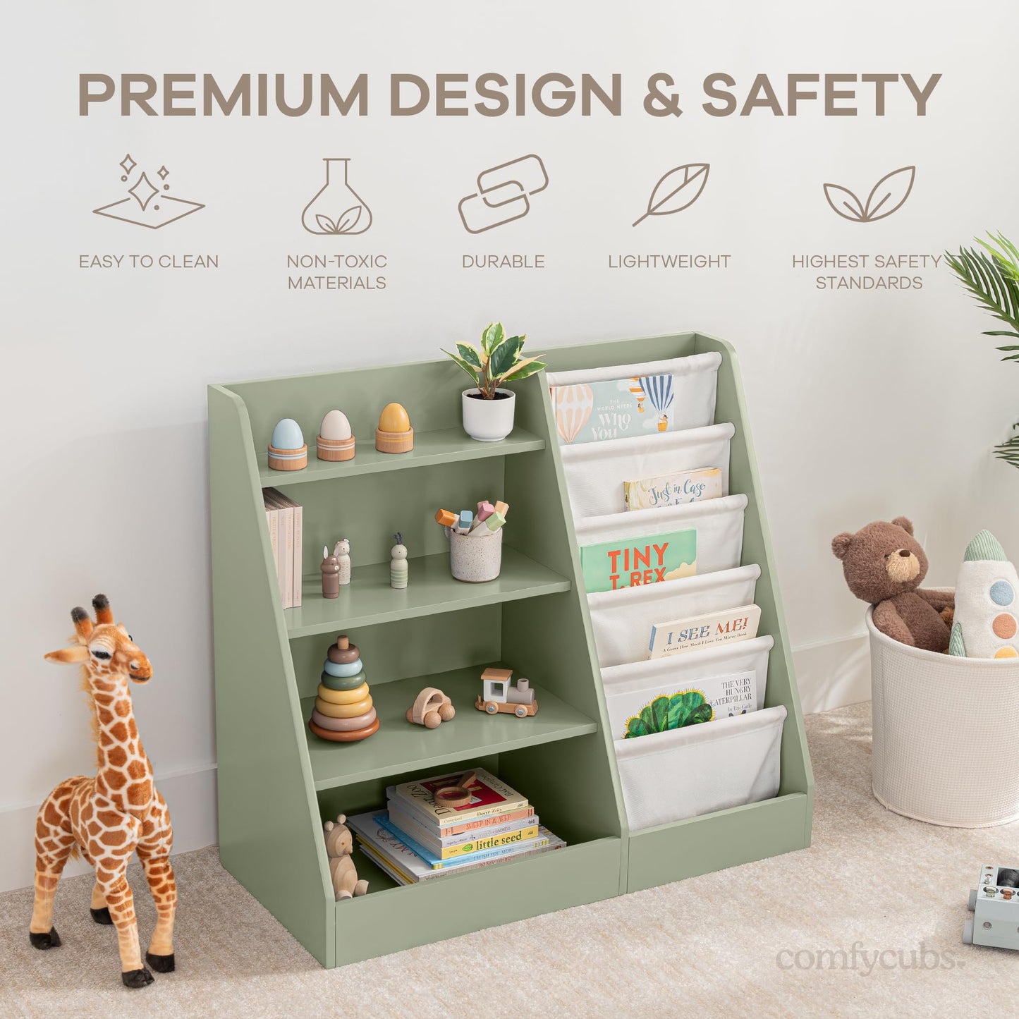 Comfy Cubs Kids Bookshelf 35.2 x 15.7 x 31.5 Inches - Sturdy MDF Montessori Book Shelf with Soft & Hard Shelves for Toys & Books - Child-Friendly, Easy Access Storage Organizer for Kids - Sage