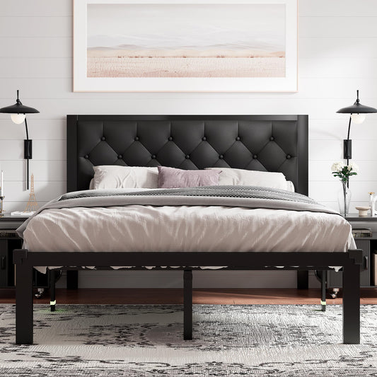 Feonase Queen Size Metal Bed Frame with Faux Leather Button Tufted Headboard, Heavy-Duty Platform Bed Frame with 12" Storage, Steel Slats Support, No Box Spring Needed, Noise Free, Matte Black