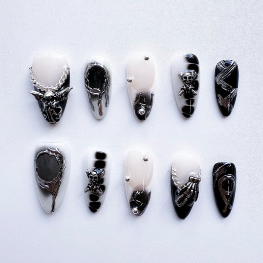 Halloween Press on Nails Black French Tip Fake Nails Handmade Press on Nails Luxury 3D Handbone Skull and Angel Designs Full Cover Gradient Acrylic Nail Muti-Layer Gel False Nail for Women (Size S)