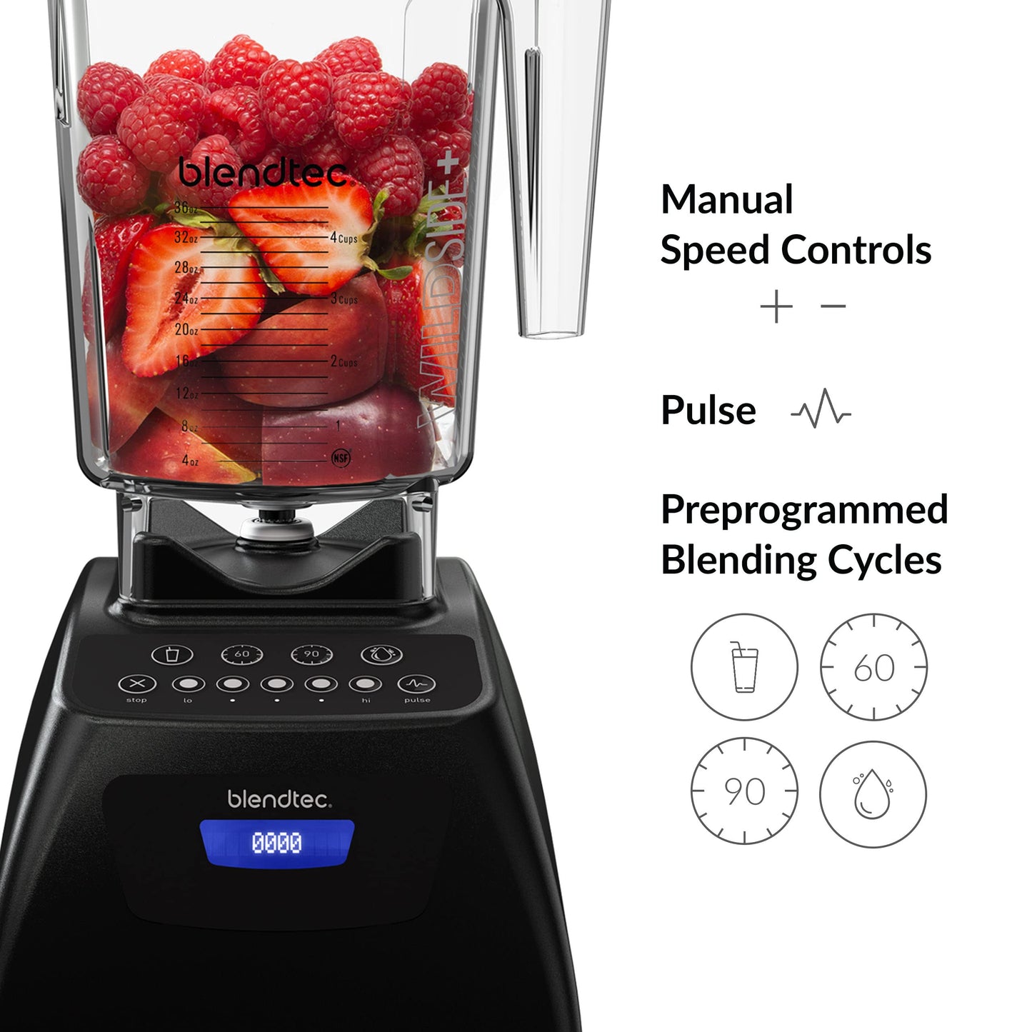 Blendtec Classic 575 Blender- WildSide+ Jar (90oz) and Four Side Jar (75oz) BUNDLE- 4 Pre-programmed Cycles-5-Speeds - Professional-Grade Power-Self-Cleaning - Black