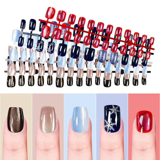 ELEVENAIL 5 Packs Shimmery Brown Blue Press on Nails Glossy Cat Eye Gel Nail Art Tips Medium Length Squoval Glitter False Nails Salon Manicure Kits Reusable Acrylic Nails Fake Fingernails