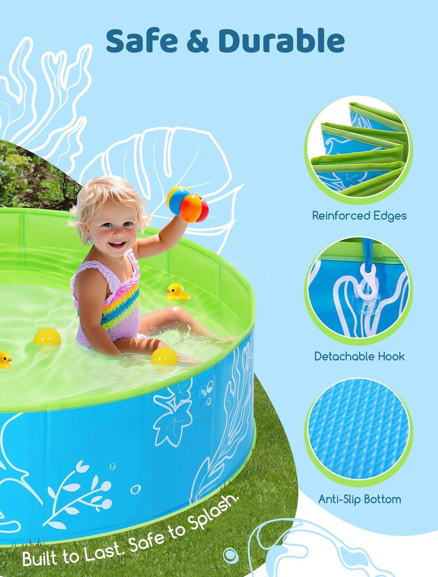 Hikiddy Foldable Kiddie Pool with Canopy: 31.5in/ 47in /63in for Baby Toddler Kids Family - Summer Water Play Pool with Shade - Portable for Outdoor Backyard Beach (Blue-Green, 47in)