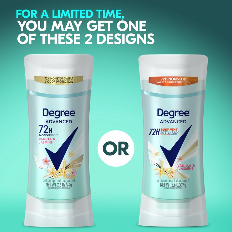 Degree Advanced Protection Antiperspirant Deodorant Vanilla & Jasmine for 72-Hour Sweat & Odor Control for Women, with Body Heat Activated Technology, 2.6 oz (Pack of 2)