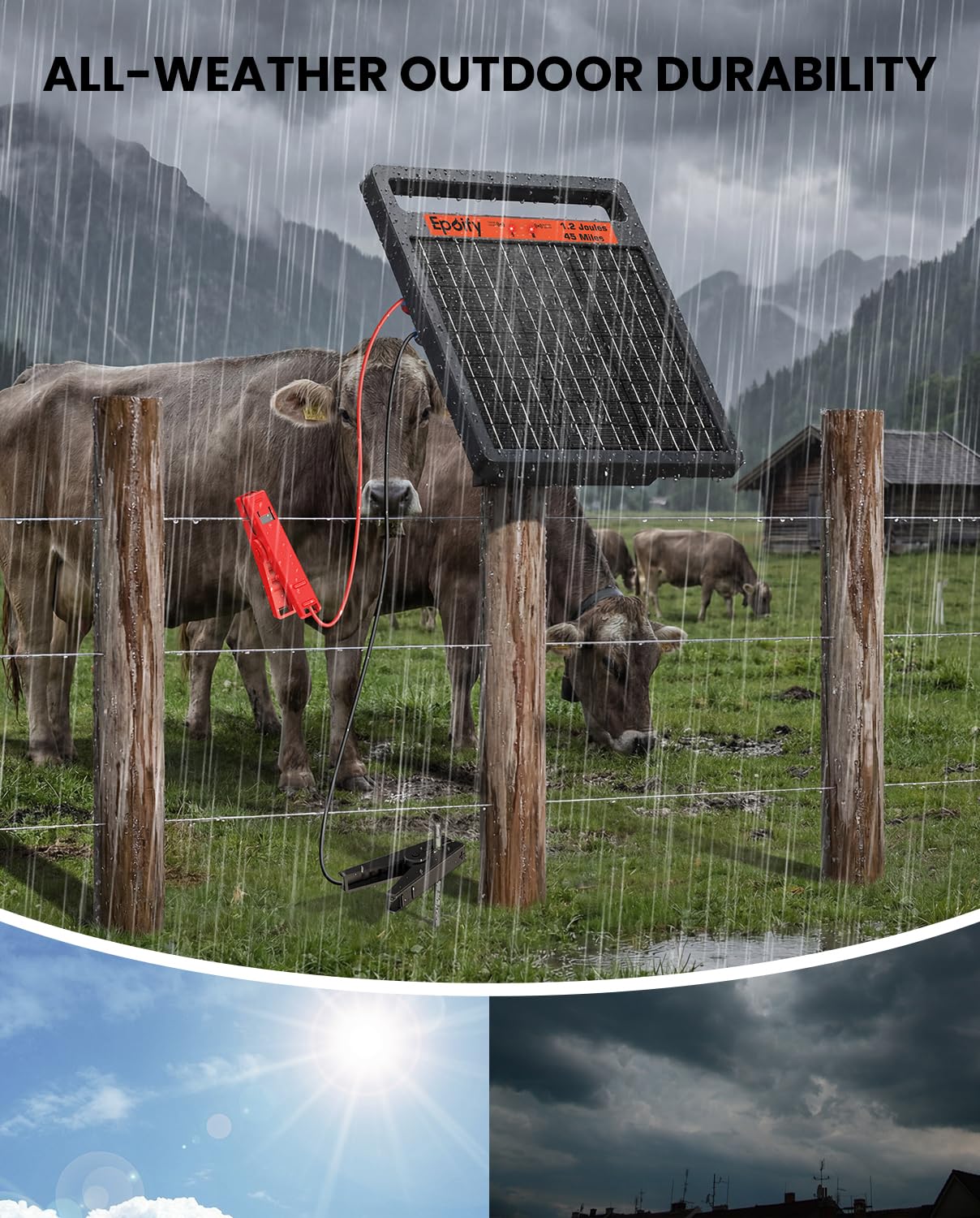Solar Electric Fence Charger 1.2J Stored Energy, 45 Miles Coverage,8W Solar Fence Energizer with 10000mAh Battery,7–11kV Output, Smart Alarm, All-Weather Fence Charger for Cattle, Horses & Farms