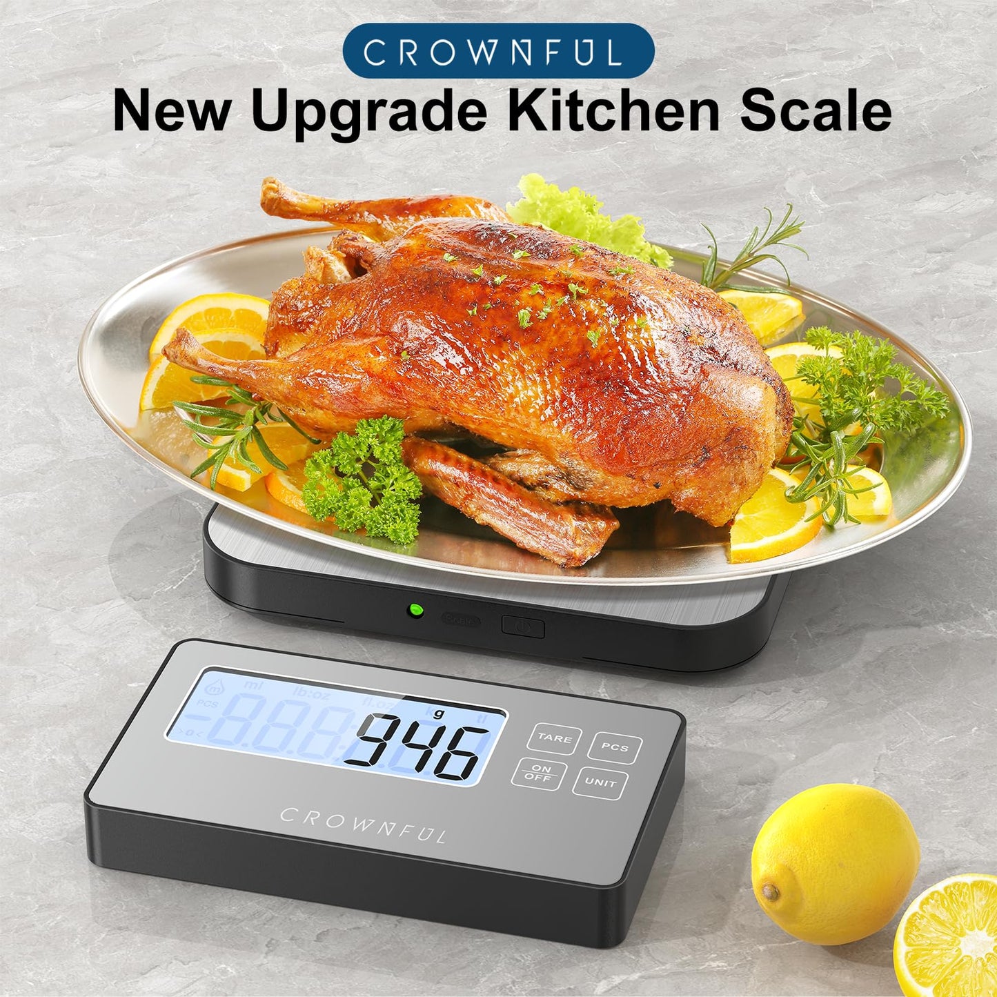 CROWNFUL Split Food Scale, 33lb Wireless Kitchen Scale with Remote LCD Display, 7 Units & Tare Function, 1g/0.1oz, Digital Food Scales for Kitchen, Stainless Steel Food Weight Pan for Cooking/Dieting