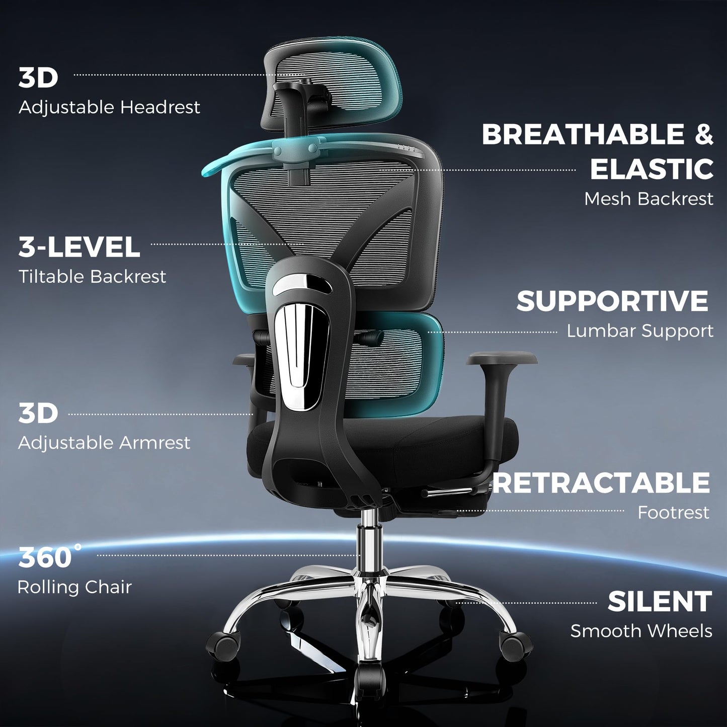 TECHREST Ergonomic Office Chair with Footrest, Big and Tall Home Desk Chair, High Back Rolling Computer Chair with 3D Arms and Lumbar Support, Comfortable Gaming Chair, Swivel Mesh Chairs, Black