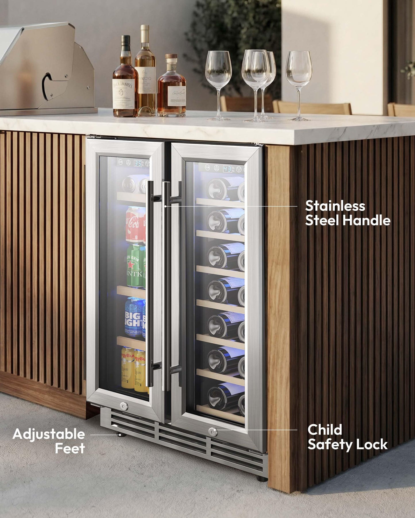 EUHOMY Wine and Beverage Refrigerator, 24 Inch Dual Zone Wine Cooler with Glass Door Hold 21 Bottles and 88 Cans, Built in or Under Counter Wine Fridge with Blue LED Light