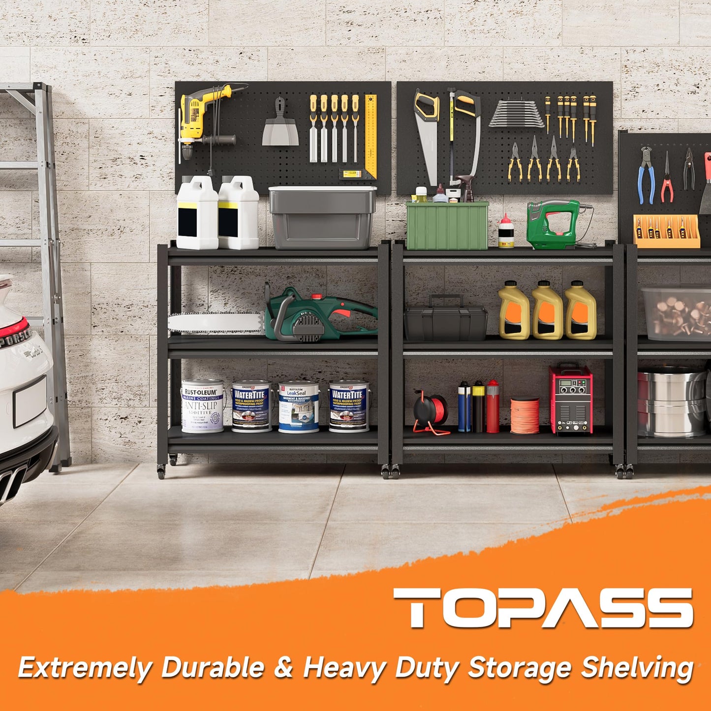 TOPASS Workbench with Pegboard, Adjustable Heavy Duty Work Table with Wheels, Heavy Duty Workstation, Metal Tool Work Bench for Garage Warehouse Workshop, 48" H x 18" D x 34" W, Black