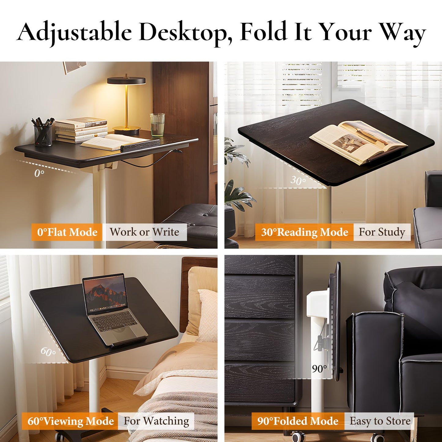 Cttasty Adjustable Computer Desk, Solid Wood Folding Desk with Wheels, Mobile Home Office Laptop Table, Sit Stand Workstation, Rolling Desk, 28.35-42.52 H x 31.5 W x 19.69 D Inches, Black