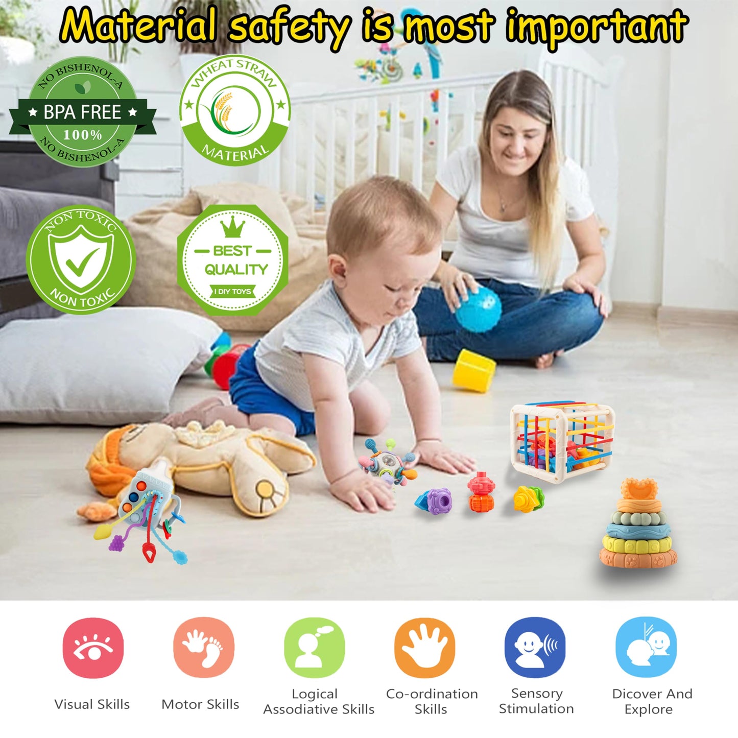 Baby Toys 0-6-12 Months,Montessori Toys for babise 0-6-12-18 Months,Incl Pull String Toy & Shape Sorter & Stacking Building Block & Manhattan ball & Baby Blocks，montessori baby toys for 1 + year