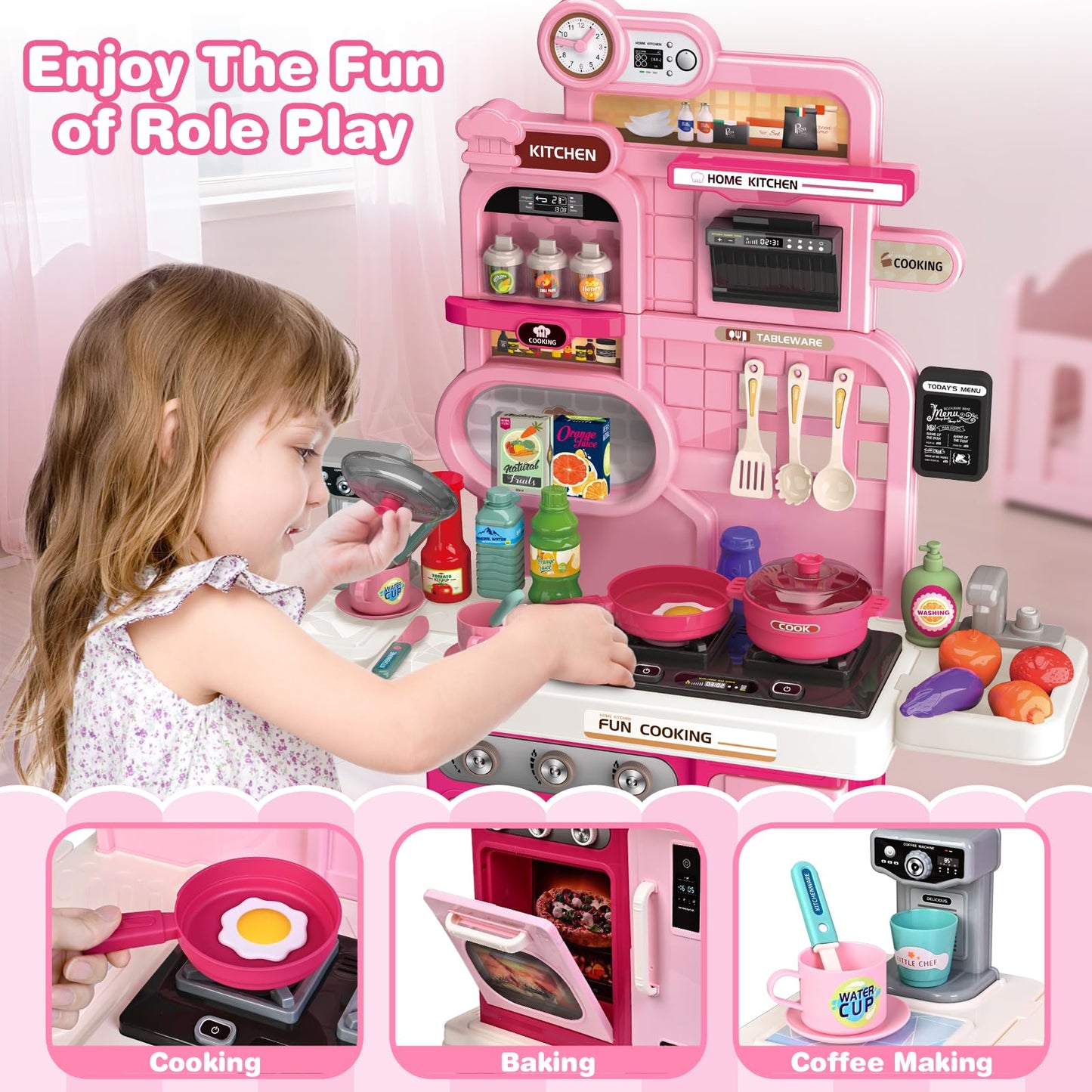 Play Kitchen Set, Kids Kitchen Playset with Realistic Sound & Light, Cooking Stove, Sink, Play Food and Accessories, 57 Pcs Kitchen Toys Gifts for Toddlers 2-4 3-5 Girls (Pink)