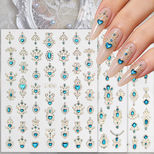 Gem Pattern Nail Art Stickers, 3D Embossed Retro Nail Decals, Self Adhesive Baroque Nails Decoration Supplies for Women Nails Design(Blue Gem-6 Sheets)