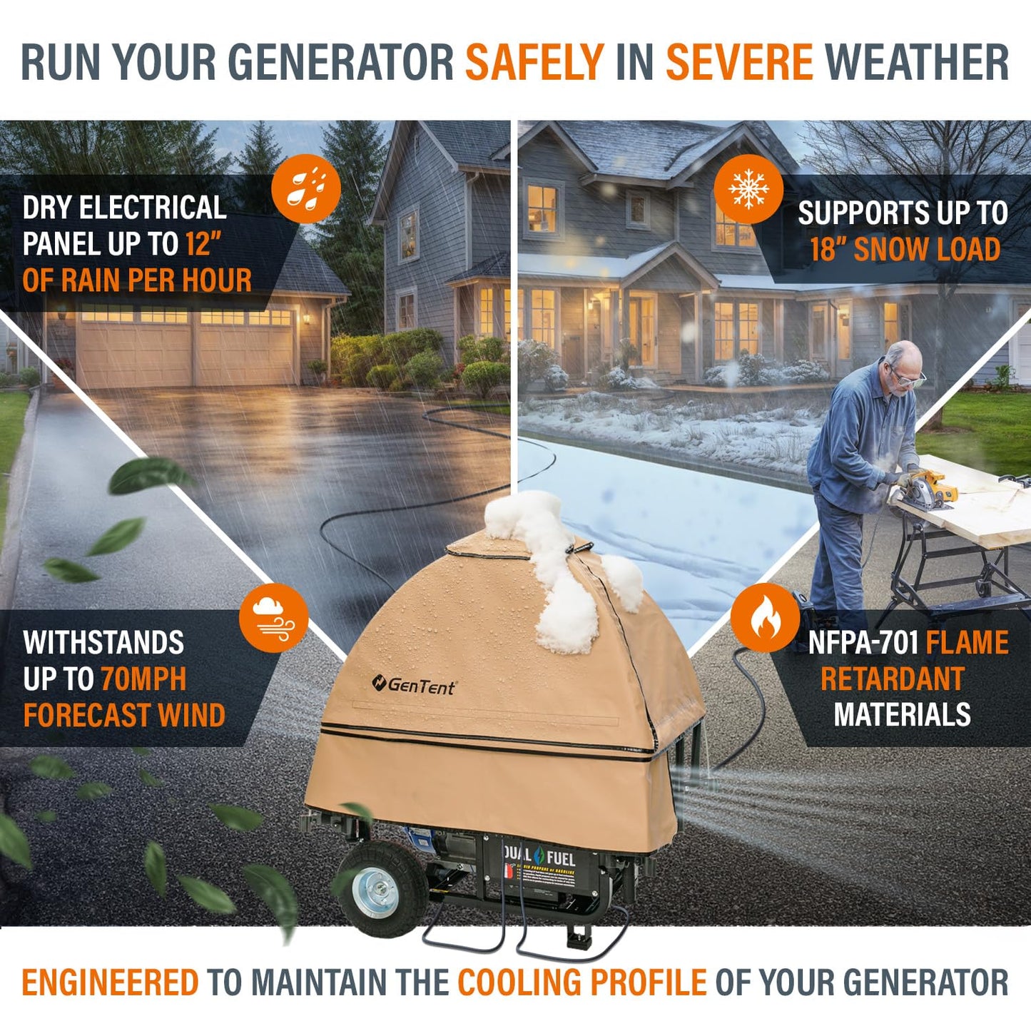 GenTent Open Frame Generator Tent with Universal Clamp System - Waterproof and NFPA Flame Retardant Running Cover - for Operating Open Frame Generators in Wet Weather (Beige, Original - Standard)