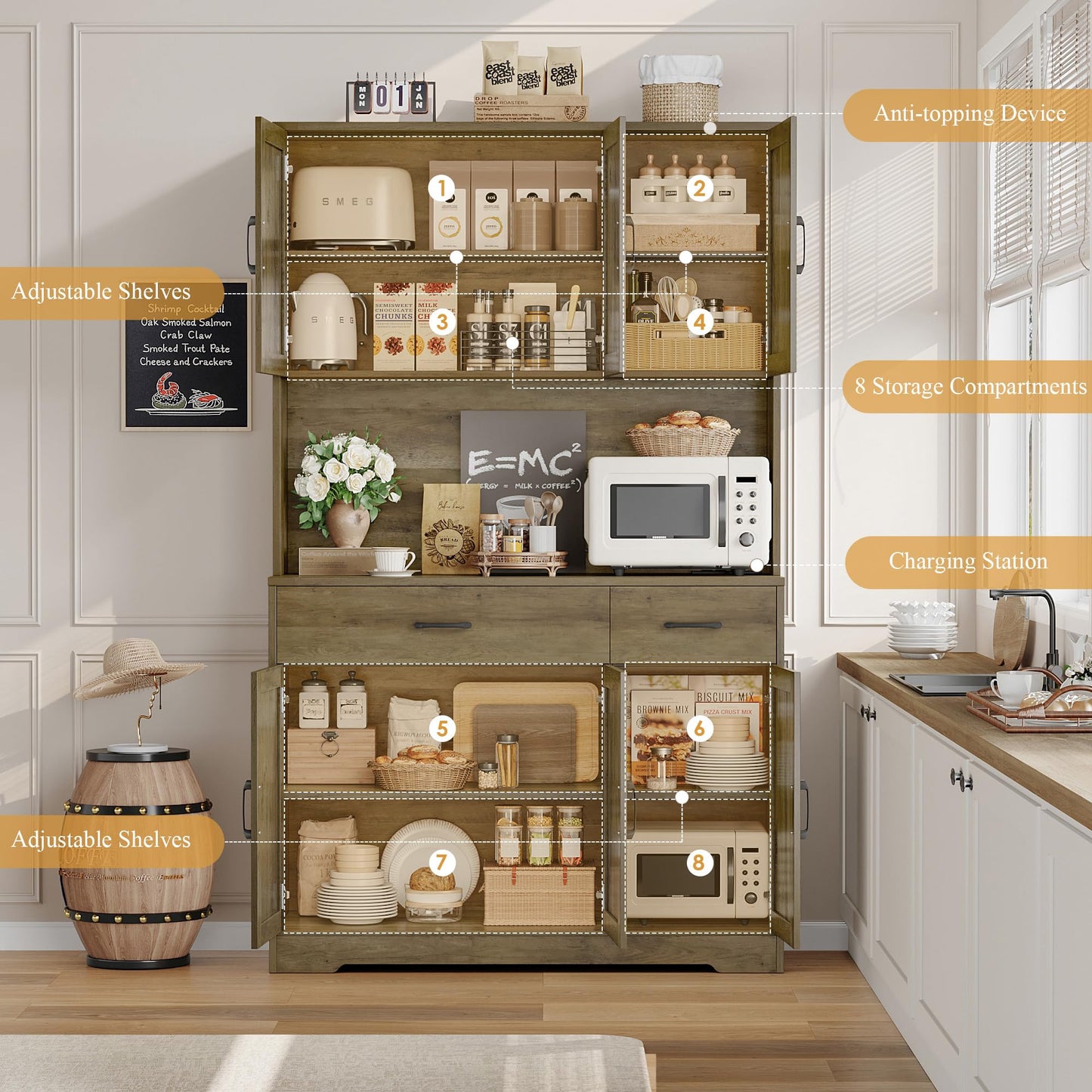 HOSTACK 71" Pantry Cabinet with Charging Station, Tall Kitchen Pantry Storage Cabinet with Microwave Stand, Farmhouse Kitchen Hutch with Storage Drawers for Living Room, Dining Room, Rustic Brown