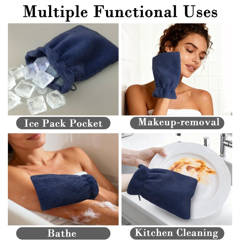 VOOVA & MOVAS 6-Pack Bath Mitts for Shower, 100% Cotton Soft Absorbent Wash Cloths with Hanging Loop, 8.3x6.3 Inch European Style Bathing Gloves for Body & Spa, Navy