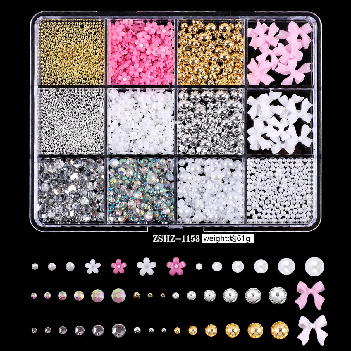 48 Grids Nail Charms Kit with Rhinestones for Nails, 3D Kawaii Bows Flowers Charms for Nails, Metal Star and Moon Bow Nail Art Charms DIY Manicure Art