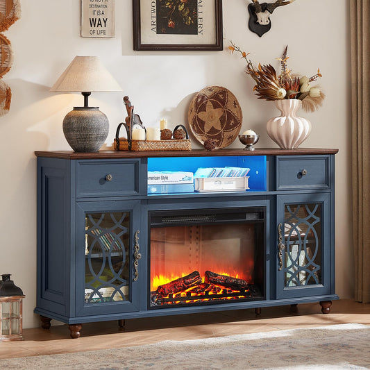 Joaxswe Farmhouse Fireplace TV Stand, 59" Entertainment Center with Electric Fireplace & LED Lights for TVs up to 65'', Glass Door Fire Place TV Stands for Living Room, Media Console w/Drawers, Blue