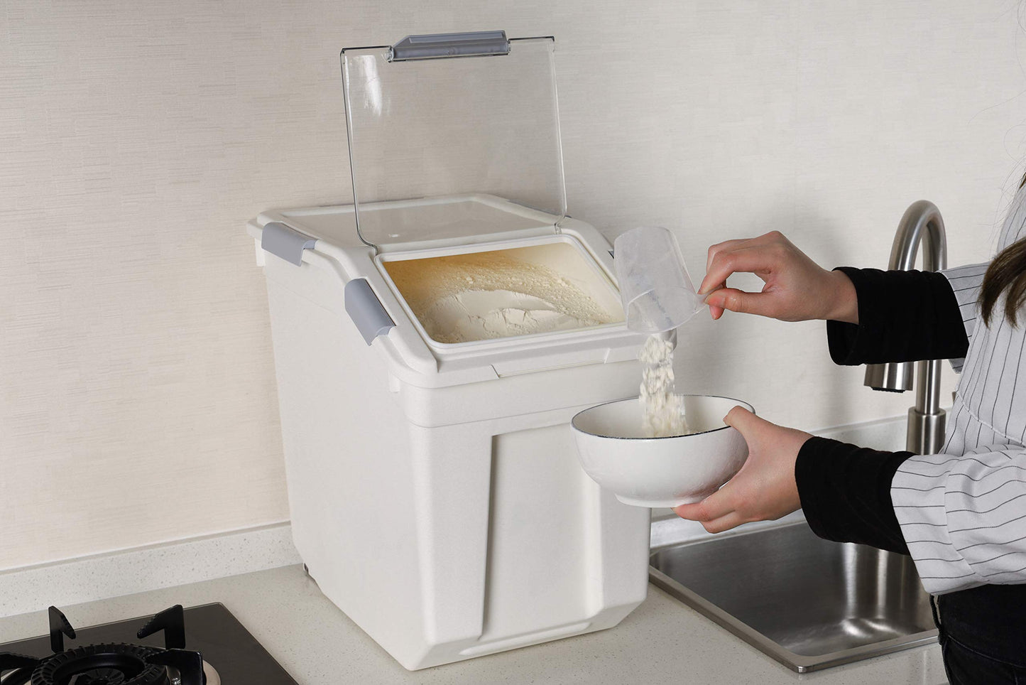 EonTone Flour Storage Container 25 Liters (30 Lb‎) Pack-6 with Lockable Lid Wheels BPA-Free Ingredient Storage Bins