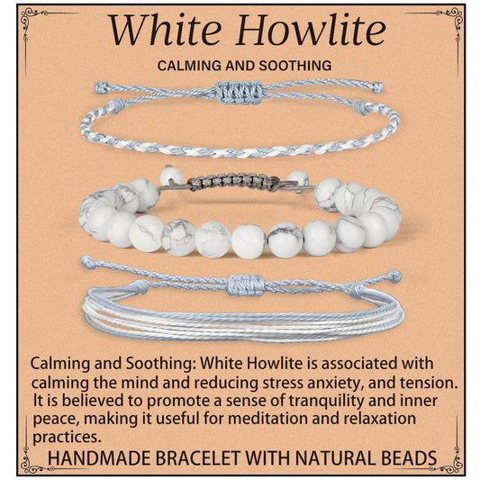 QOGIR Handmade Healing Stones Bracelet,8mm Natural White Howlite Gemstone Beads Bracelet,for Men Women Gifts with 2PCS Size Adjustable Rope Bracelets