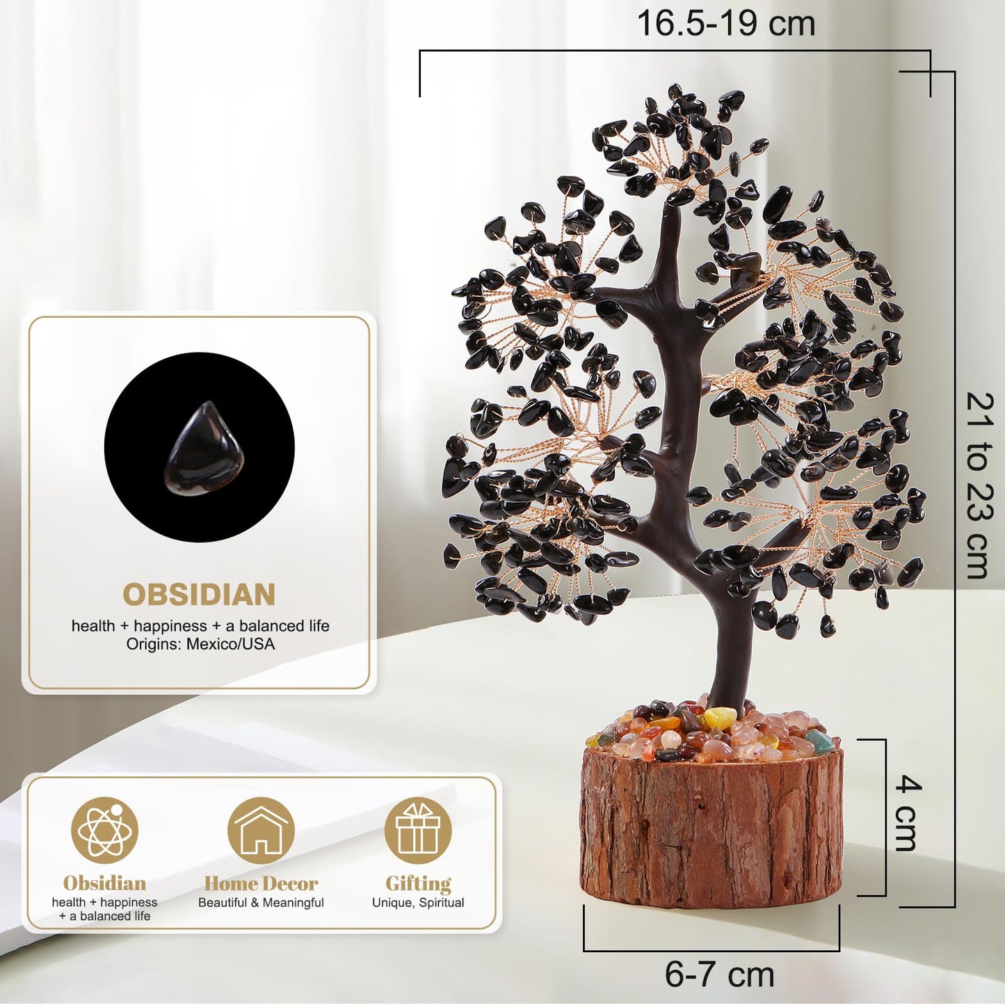 Black Obsidian Crystal Tree of Life Chakra Stone, Birthday Gifts for Women, Mon, for Sister,Feng Shui Office Decor Tree for Postive Energy, Money, Good Luck, Christmas Decor, Spiritual Gifts