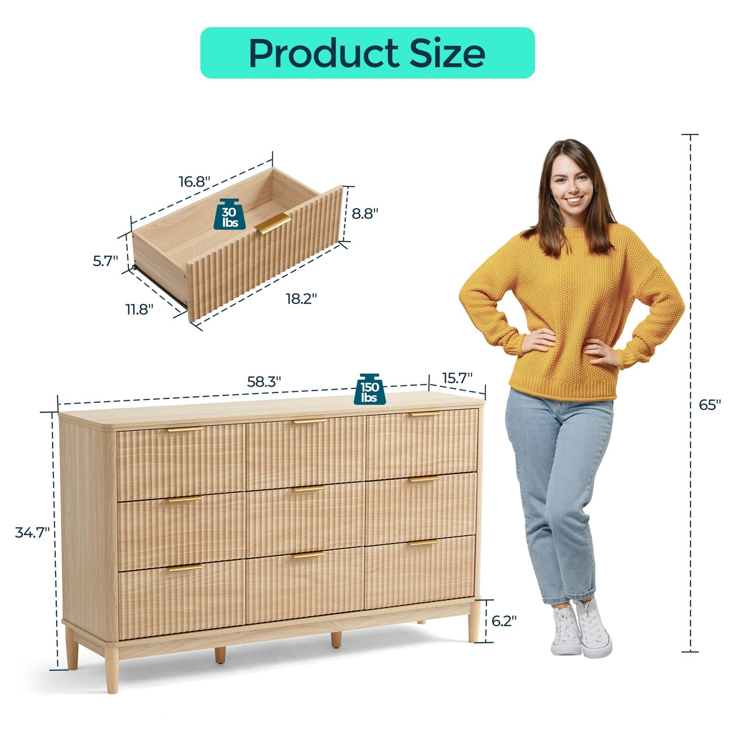 LINSY Fluted Dresser for Bedroom with 9 Drawers, Mid Century Modern Chest of Drawers with Gold Metal Handles, Wide Boho Wood Dressers, Large Farmhouse Storage Cabinet for Bedroom, Living Room, Oak