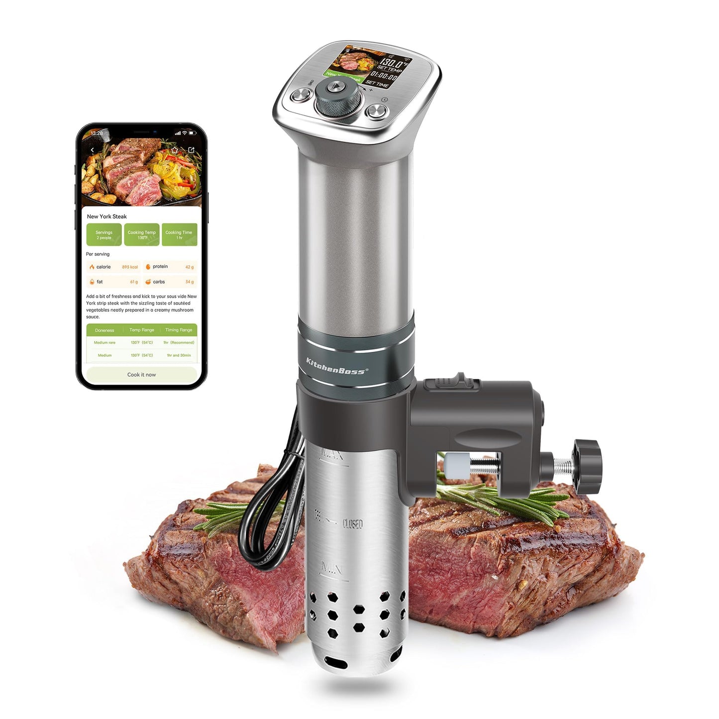 KitchenBoss Wifi Sous Vide Cooker: Ultra-quiet Sous Vide Machine Built-in Color Display Recipes Waterproof, 1100 Watts Sous-vide Immersion Circulator Precision Cooker Magnetic Knob APP Control, Silver