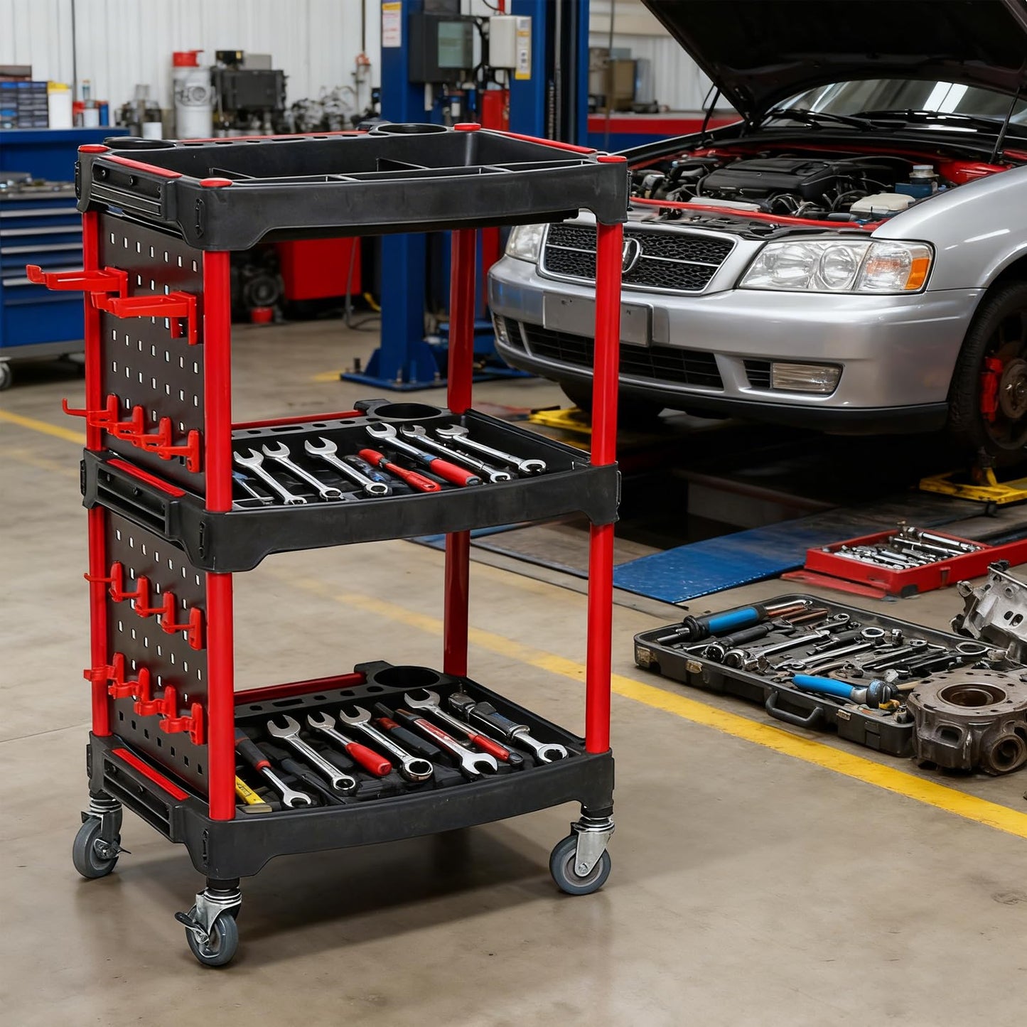YTDTKJ 3-Tier Heavy-Duty Detailing Cart with Wheels, Rolling Detail Tool Cart, 200kg/440.92lb Capacity Tool Organizer for Car Wash, Workshop & Garage (Includes Hooks, Spray Bottles & Brushes)