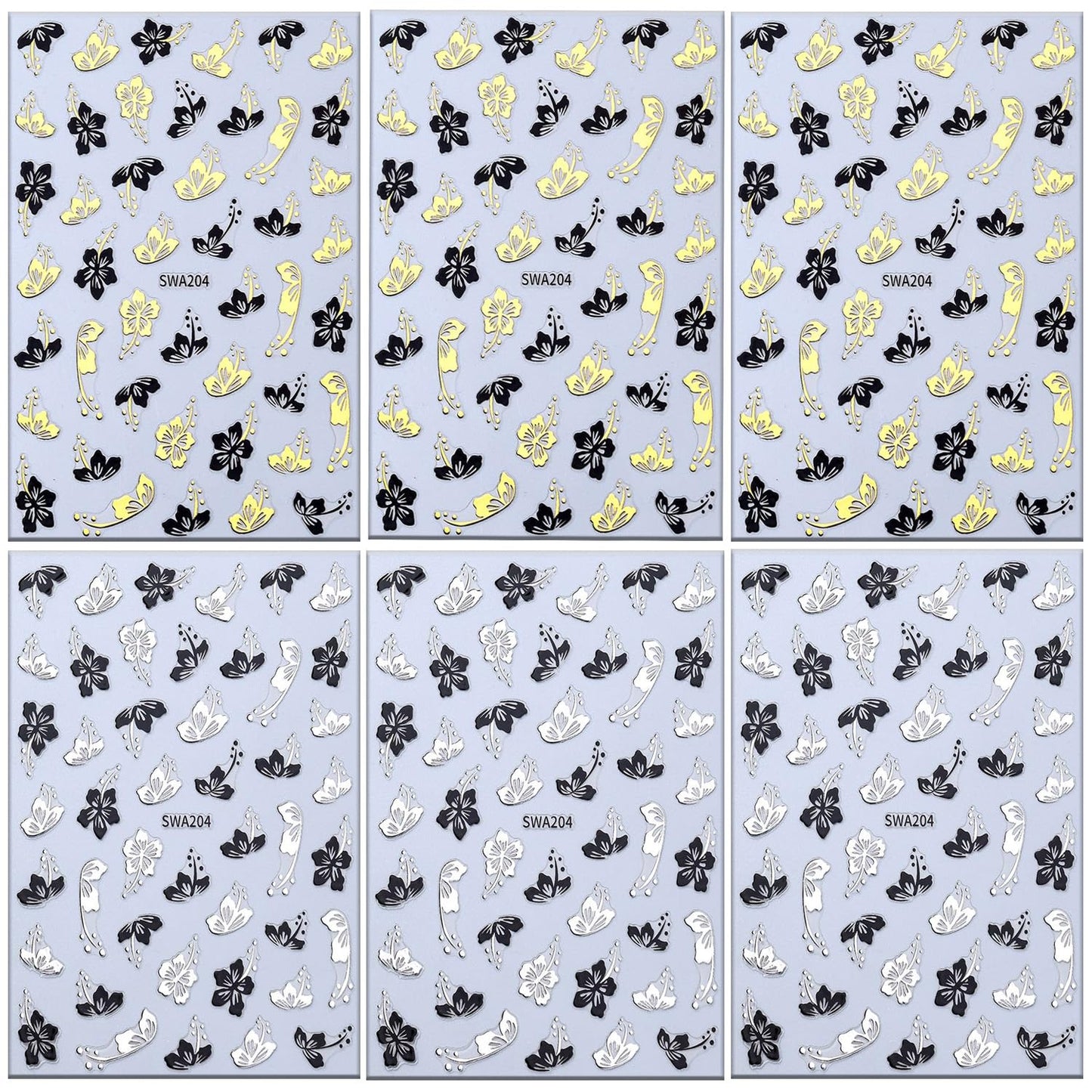 6 Sheets Flower Nail Art Stickers 3D Self -Adhesive Hibiscus Nail Decals Holographic Gold Silver Black Hibiscus Floral Nails Stickers for Women Spring Summer Acrylic Nails Decoration Supplies