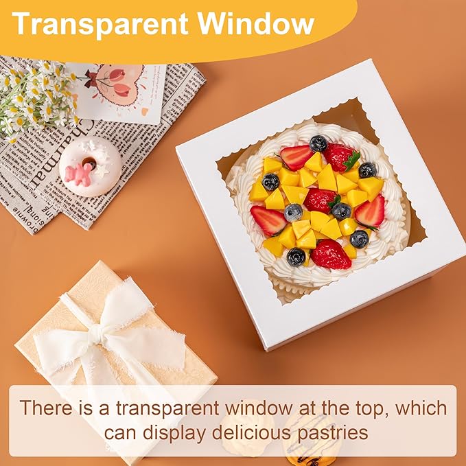 5 Pack Cake Boxes 10 Inch, 10x10x8 Inches Tall Cake Large Box, Disposable Cakes Transport Containers with Lids, Bakery Boxes with Large Window, for Cookies Pies Cupcakes Pastry-Wedding,Birthday, Party