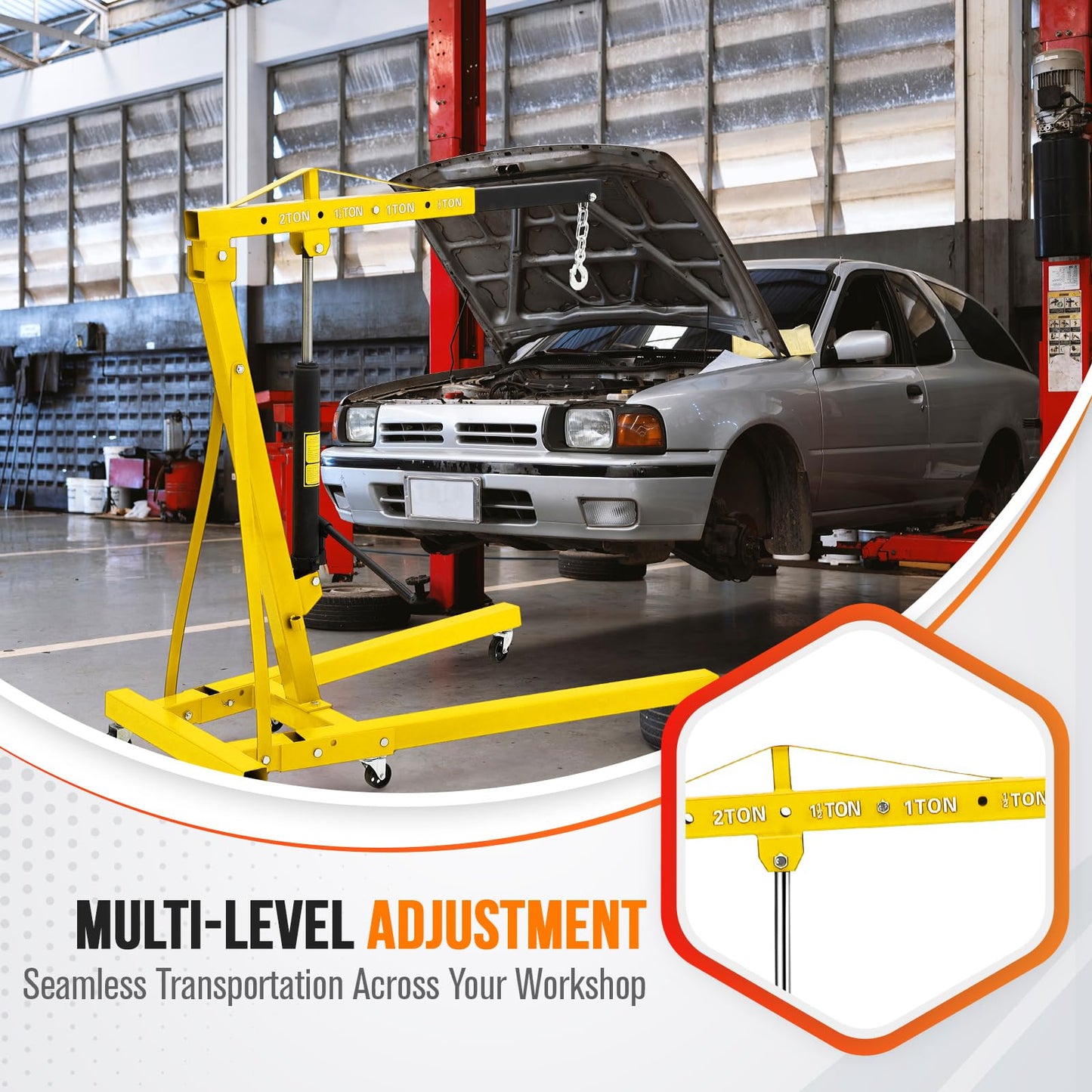 MilleLoom 2 Ton Hydraulic Engine Hoist, Cherry Picker Engine Hoist, 4400LBS Foldable Garage Crane Lifter w/Telescopic Boom & 6 Swivel Casters for Workshop, Warehouse, Auto Repair