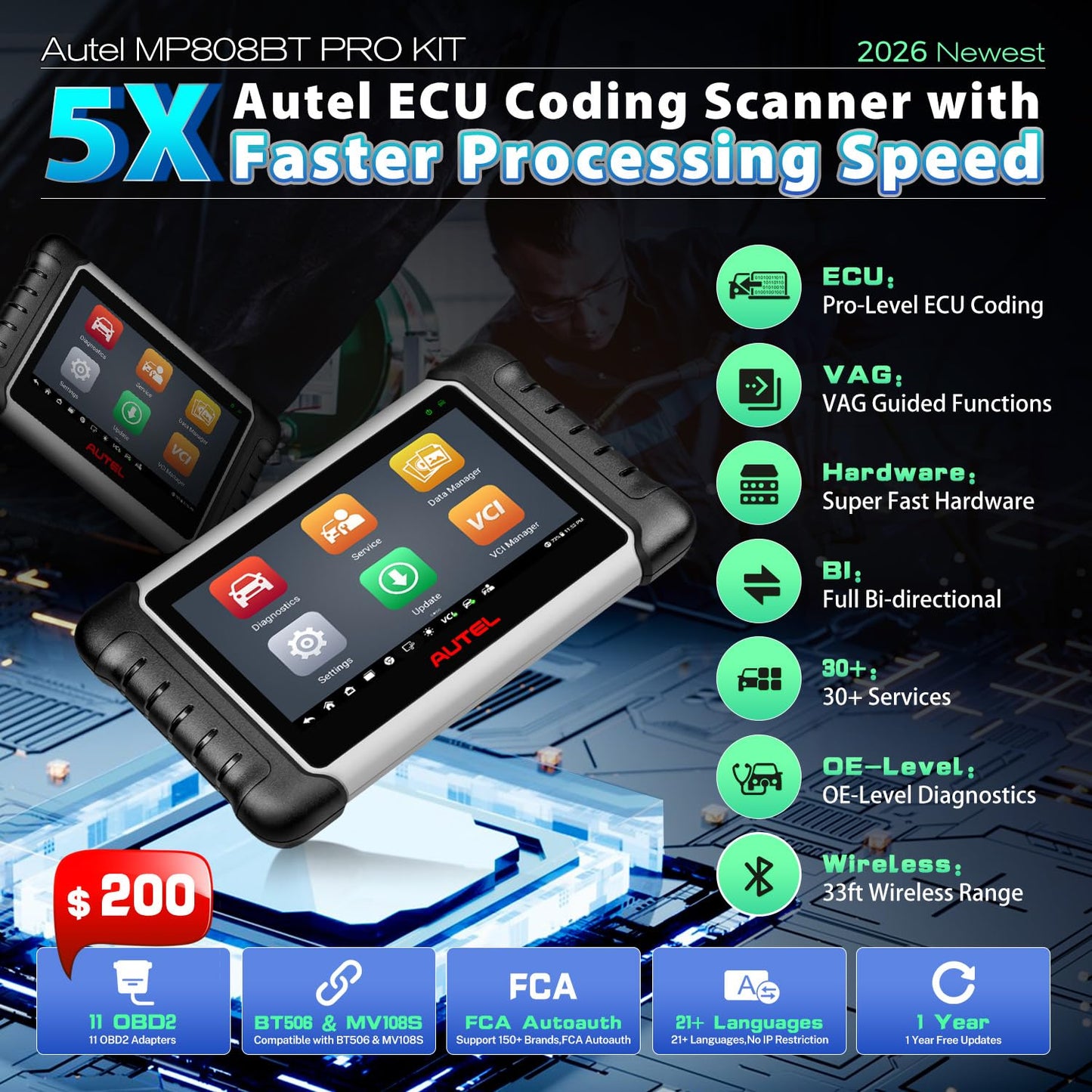 2026 Autel Scanner MaxiPRO MP808BT PRO KIT, 2 Years Update with 11PCS OBD Adapters, Function as MaxiSYS MS906 PRO MS906MAX, Up of MS906BT MK900BT MK900, Bidirectional 3000+Test, 30+ Services, FCA
