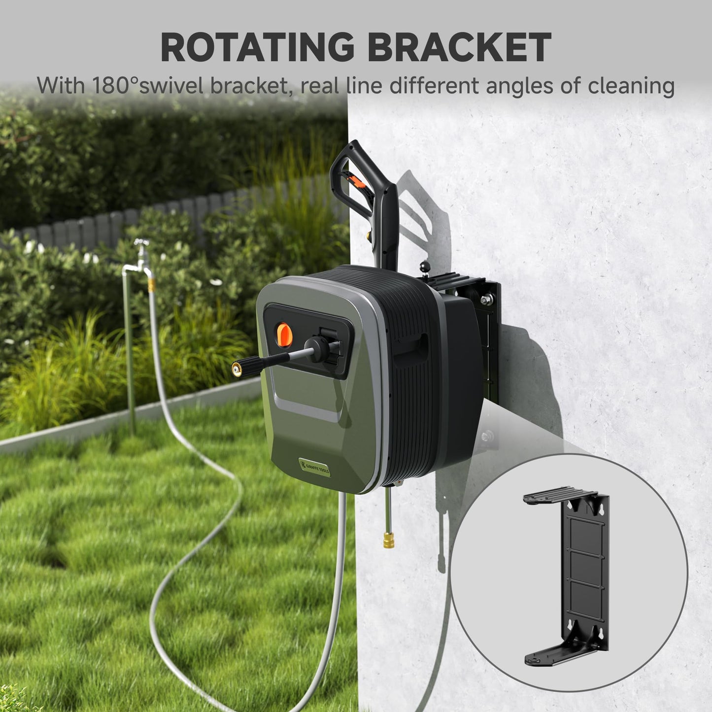 Giraffe Tools Grandfalls Retractable Pressure Washer G20, 2500 PSI 2.2 GPM, Wall Mounted with 65FT Hose Reel, 4 Nozzles for Floor/Cars/Fences/Patios, Dark Silver Case with Grey Pressure Hoses