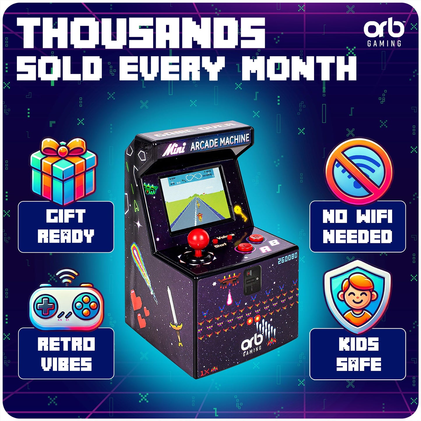 Mini Arcade Machine, 240 Built-in 8-Bit Games, 2.5” Full Colour Screen, 8-Way Joystick, Handheld Retro Games Console – Orb Gaming by ThumbsUp!