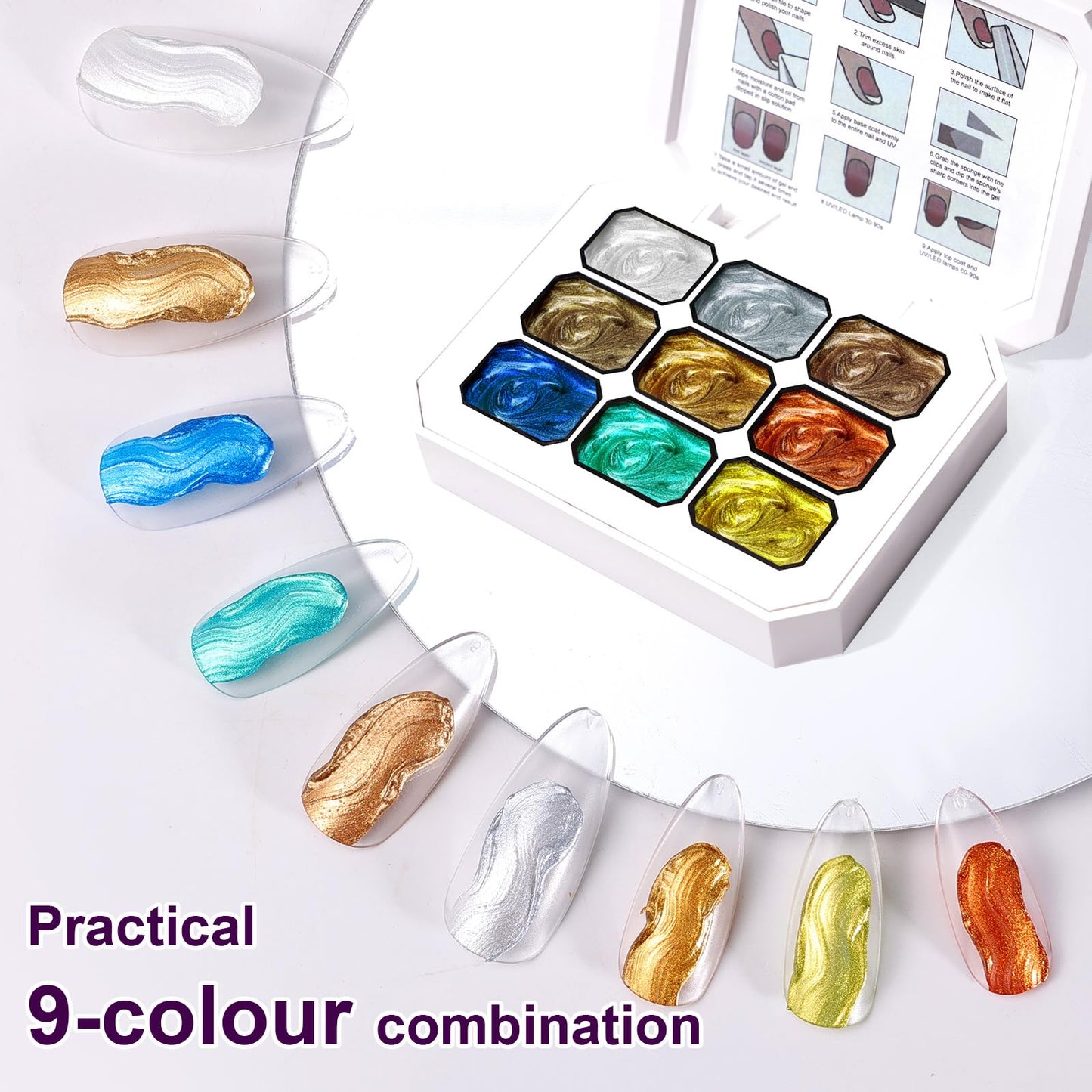 U-Shinein Gradient Painting Gel, 9 Colors Ombre Gel Nail Polish Gold Silver Metallic Effect Pigment Pat Aura Nails French Manicure Soak Off UV Long-lasting Home Salon DIY Nail Art Satin Metal(01)