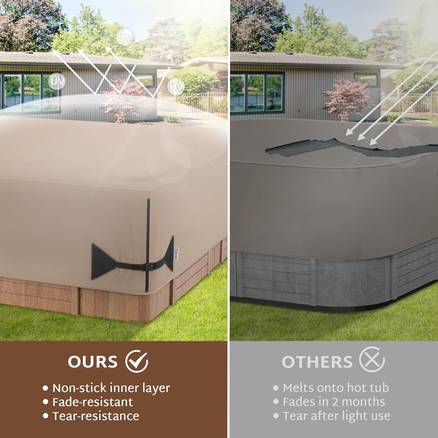 iBirdie Outdoor Waterproof Hot Tub Cover 83 x 83 inch fit 82 x 82 or 81 x 81 or 80 x 80 Square SPA 600D Heavy Duty Weatherproof Cover Protectors Protective Cap, Brown