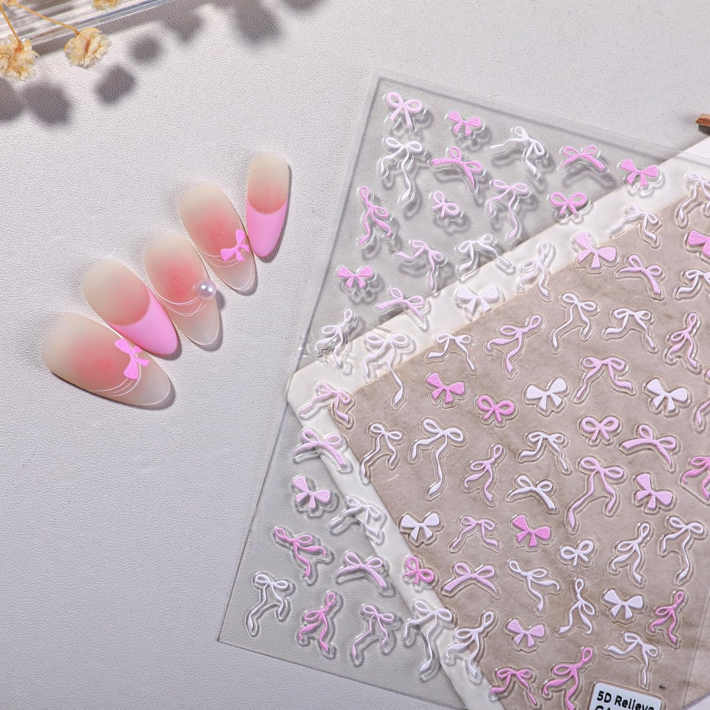 SIMAYKUWA Ribbon Bow Nail Art Stickers, 3-Sheet Nail Decals in Pink White Black Self-Adhesive Valentine's Day Nail Design Nail Supplies Nails Accessories for Women