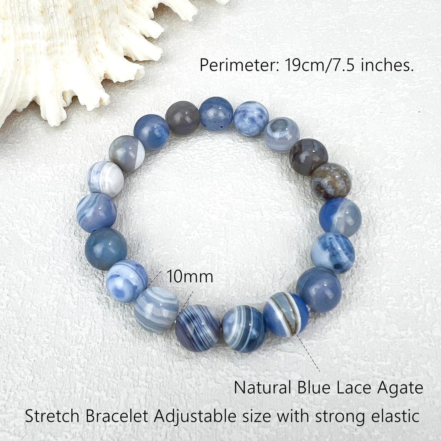 TSdiyART Blue Lace Agate Bracelet, 10mm Natural Round Gemstone Beaded Bracelet for Women Men, Healing Crystal Chakra Bracelets Jewelry (Blue Lace Agate)